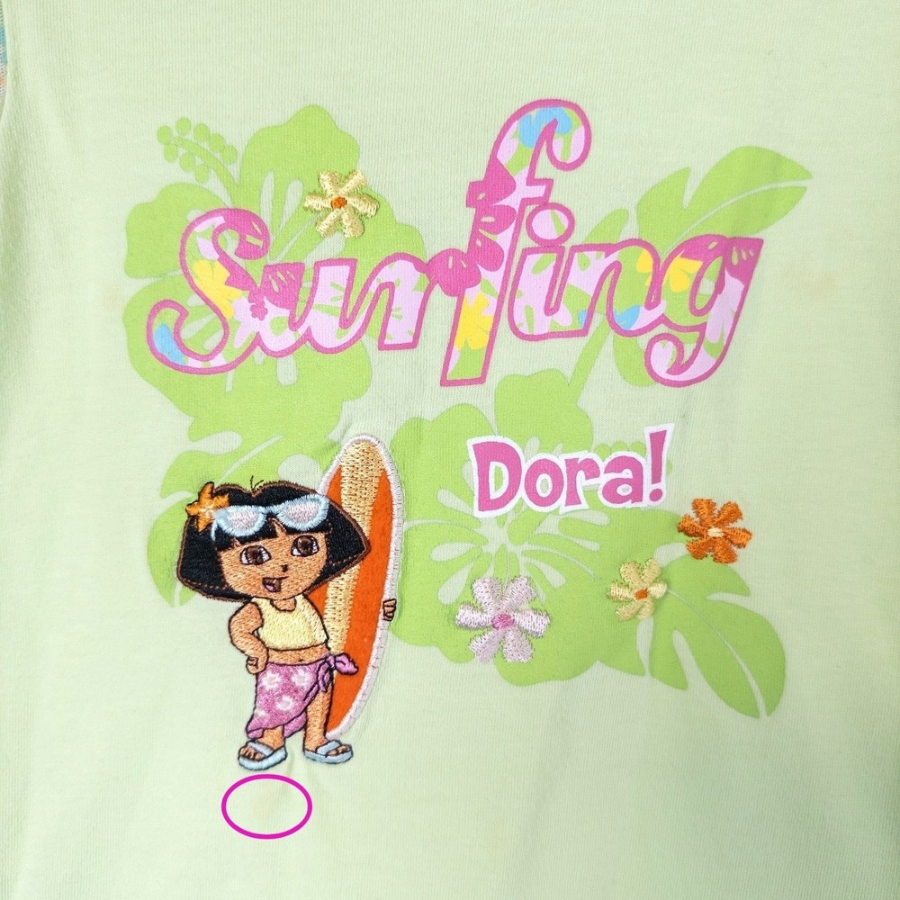 Vintage Nick Jr Dora the Explorer Surfing Green Floral Mesh Sleeve Kids Shirt 5T - Picture 4 of 8